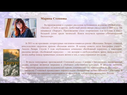 Ее произведения и отрывки рассказов публиковали журналы «Новый мир», «Звезда», «Сноб»