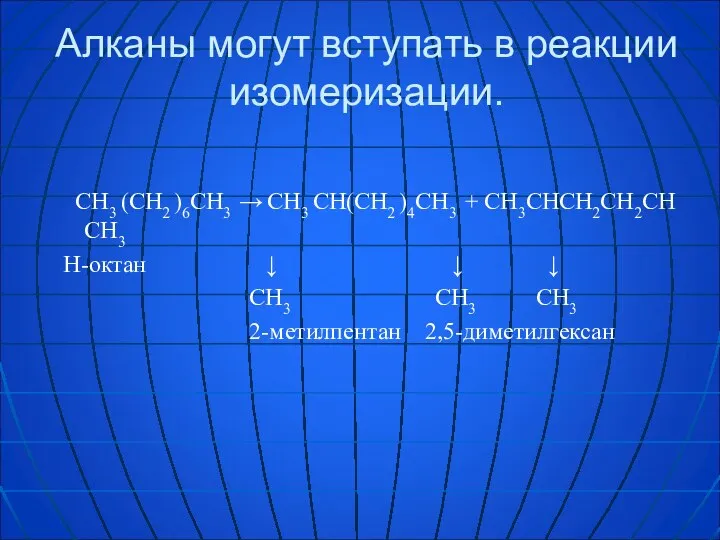 Алканы могут вступать в реакции изомеризации. СH3 (СH2 )6СH3 → СH3