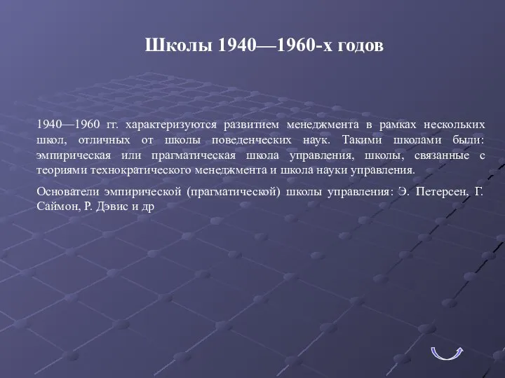 Школы 1940—1960-х годов 1940—1960 гг. характеризуются развитием менеджмента в рамках нескольких