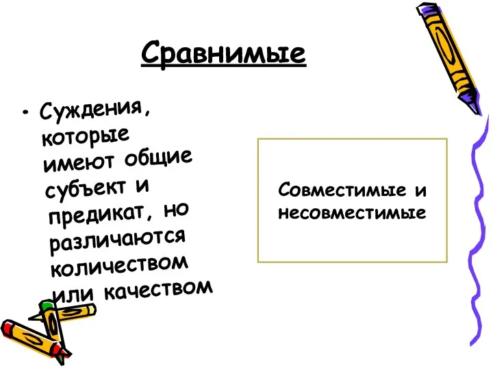 Сравнимые Суждения, которые имеют общие субъект и предикат, но различаются количеством или качеством Совместимые и несовместимые