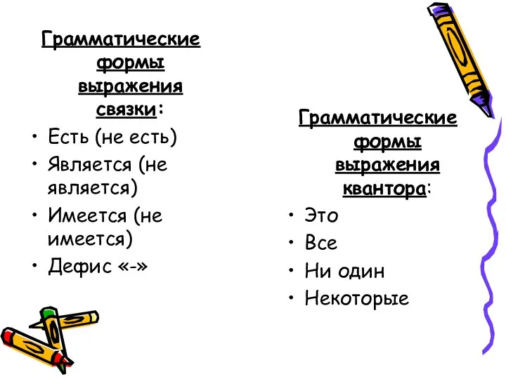 Грамматические формы выражения связки: Есть (не есть) Является (не является) Имеется