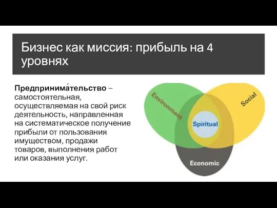 Бизнес как миссия: прибыль на 4 уровнях Предпринима́тельство – самостоятельная, осуществляемая