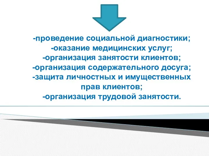 -проведение социальной диагностики; -оказание медицинских услуг; -организация занятости клиентов; -организация содержательного