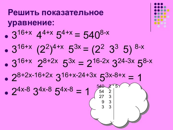 Решить показательное уравнение: 316+х 44+х 54+х = 5408-х 316+х (22)4+х 53х