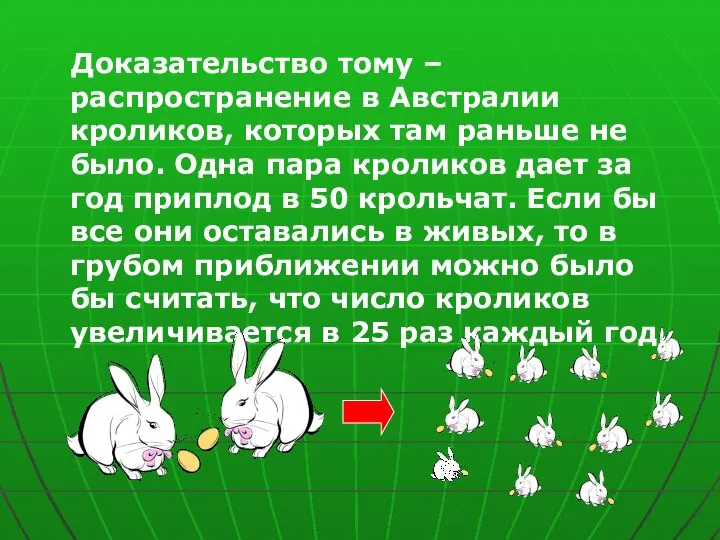 Доказательство тому – распространение в Австралии кроликов, которых там раньше не