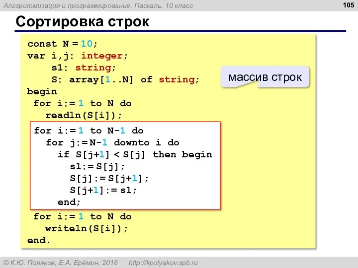 Сортировка строк const N = 10; var i,j: integer; s1: string;