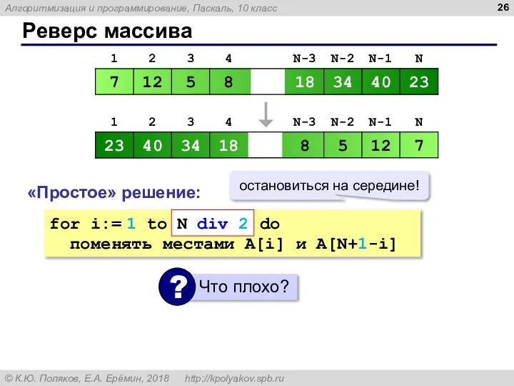 Реверс массива «Простое» решение: for i:= 1 to N do поменять