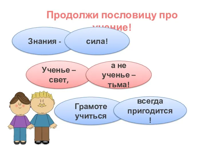 Продолжи пословицу про учение! Знания - Ученье – свет, Грамоте учиться