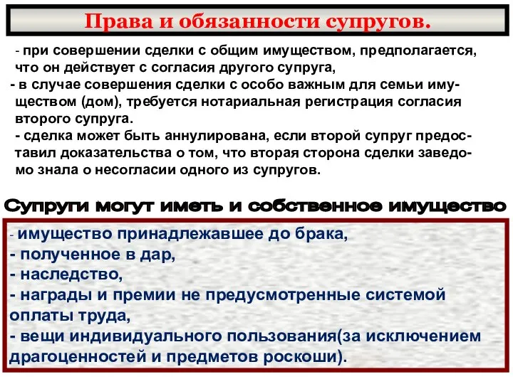 Права и обязанности супругов. Супруги могут иметь и собственное имущество -