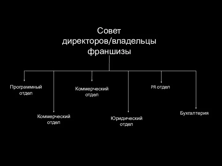 Совет директоров/владельцы франшизы Программный отдел Коммерческий отдел Юридический отдел Коммерческий отдел PR отдел Бухгалтерия