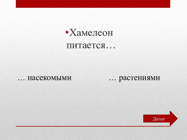 Хамелеон питается… … насекомыми … растениями Далее