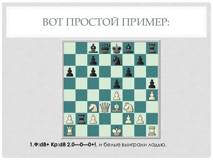 ВОТ ПРОСТОЙ ПРИМЕР: 1.Ф:d8+ Kp:d8 2.0—0—0+!, и белые выиграли ладью.