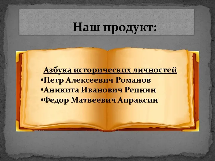 Наш продукт: Азбука исторических личностей Петр Алексеевич Романов Аникита Иванович Репнин Федор Матвеевич Апраксин