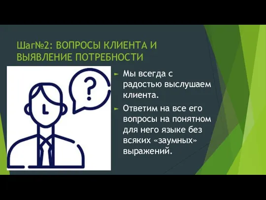 Шаг№2: ВОПРОСЫ КЛИЕНТА И ВЫЯВЛЕНИЕ ПОТРЕБНОСТИ Мы всегда с радостью выслушаем