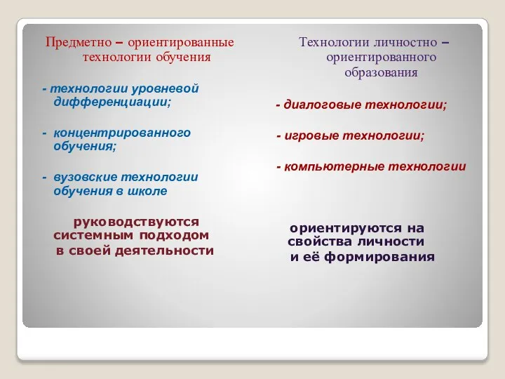 Предметно – ориентированные технологии обучения - технологии уровневой дифференциации; - концентрированного