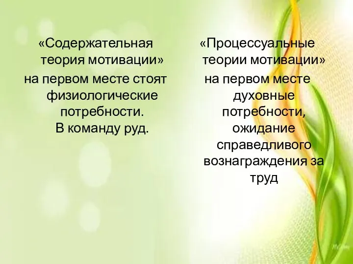 «Содержательная теория мотивации» на первом месте стоят физиологические потребности. В команду