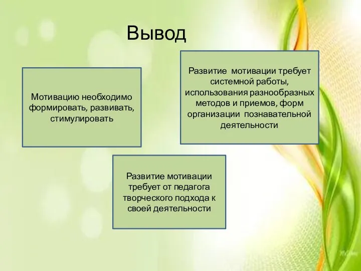 Вывод Развитие мотивации требует системной работы, использования разнообразных методов и приемов,