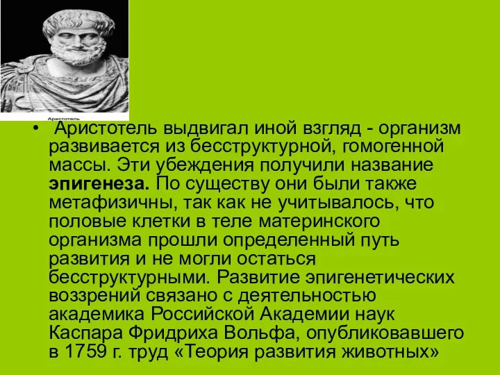 Аристотель выдвигал иной взгляд - организм развивается из бесструктурной, гомогенной массы.