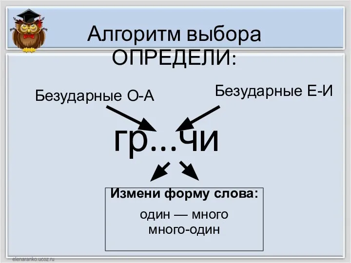 Алгоритм выбора ОПРЕДЕЛИ: гр...чи Измени форму слова: один — много много-один Безударные О-А Безударные Е-И