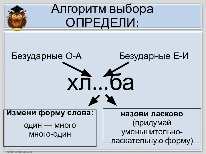 Алгоритм выбора ОПРЕДЕЛИ: хл...ба Измени форму слова: один — много много-один