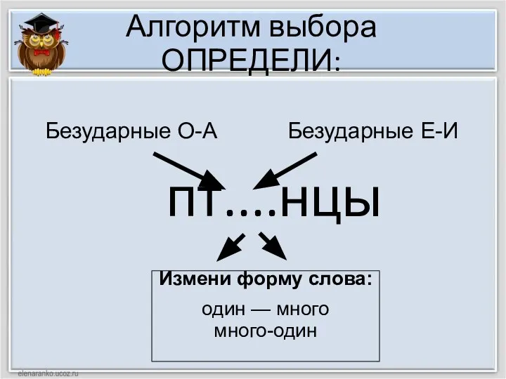 Алгоритм выбора ОПРЕДЕЛИ: пт....нцы Измени форму слова: один — много много-один Безударные О-А Безударные Е-И