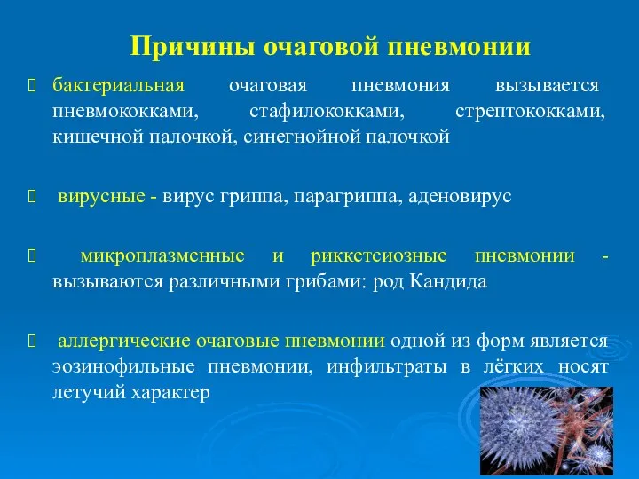 Причины очаговой пневмонии бактериальная очаговая пневмония вызывается пневмококками, стафилококками, стрептококками, кишечной