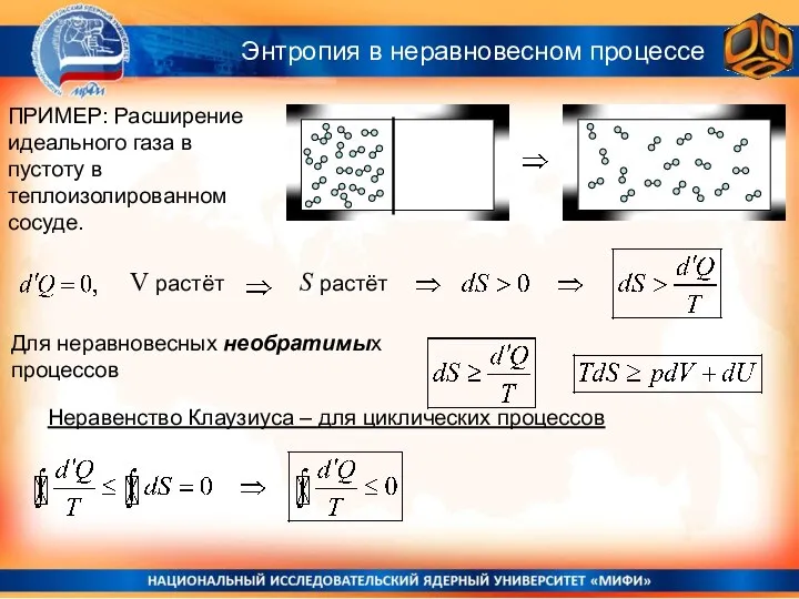 ПРИМЕР: Расширение идеального газа в пустоту в теплоизолированном сосуде. V растёт