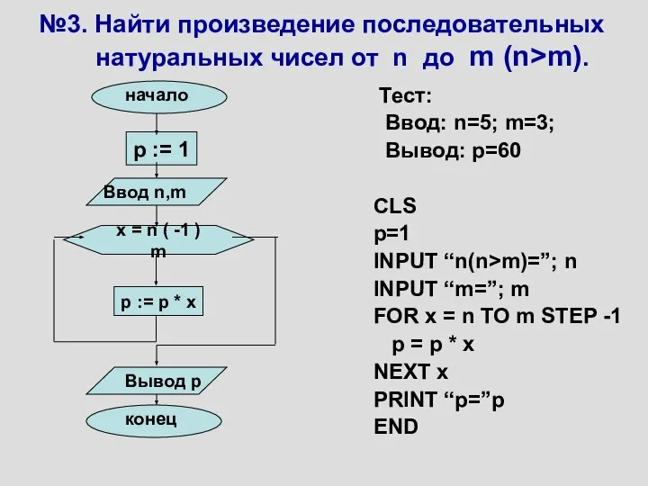 №3. Найти произведение последовательных натуральных чисел от n до m (n>m).