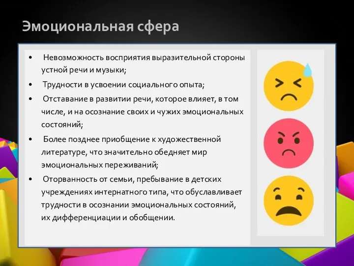 Эмоциональная сфера Невозможность восприятия выразительной стороны устной речи и музыки; Трудности