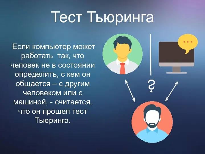 Тест Тьюринга Если компьютер может работать так, что человек не в