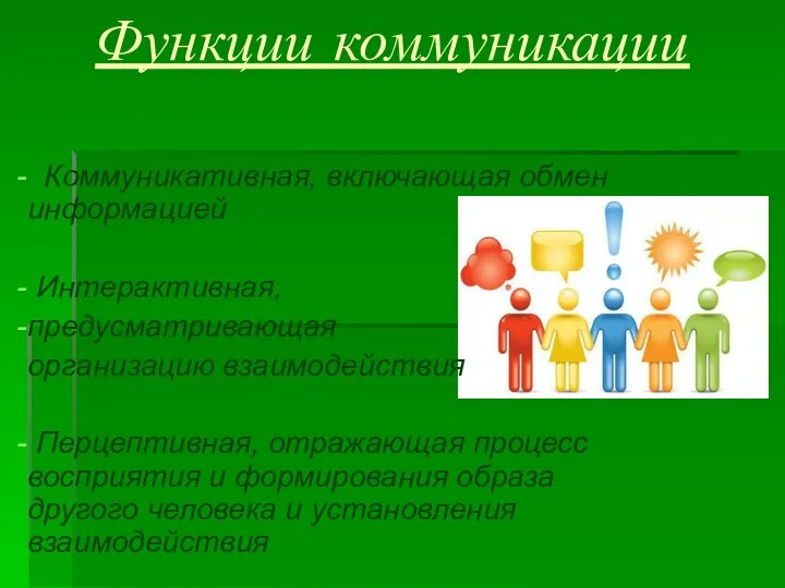 Функции коммуникации Коммуникативная, включающая обмен информацией Интерактивная, предусматривающая организацию взаимодействия Перцептивная,