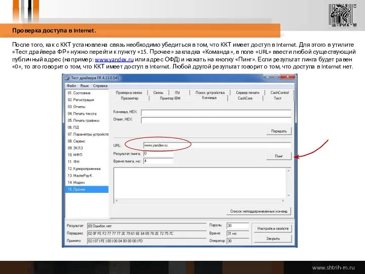 Проверка доступа в Internet. После того, как с ККТ установлена связь