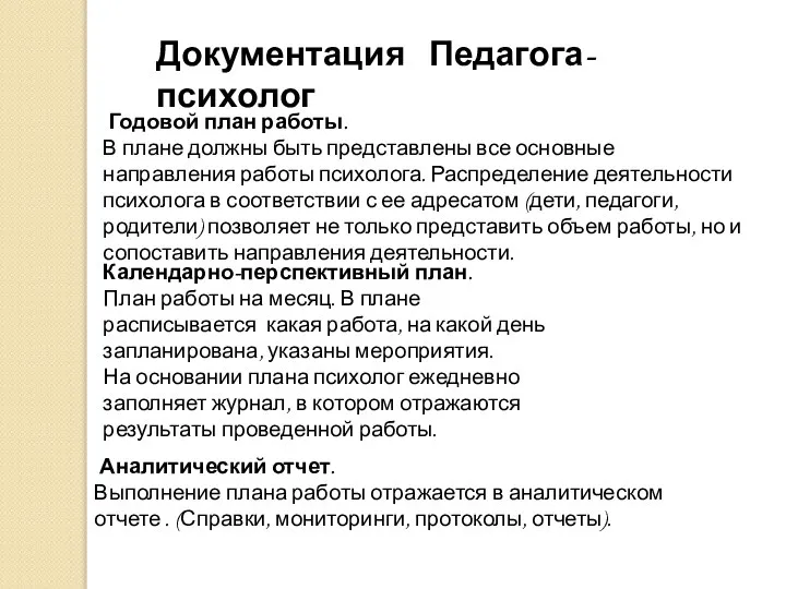 Документация Педагога-психолог Годовой план работы. В плане должны быть представлены все