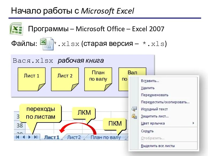 Начало работы с Microsoft Excel Программы – Microsoft Office – Excel