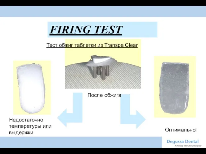 FIRING TEST Тест обжиг таблетки из Transpa Clear Недостаточно температуры или выдержки Оптимальноl После обжига