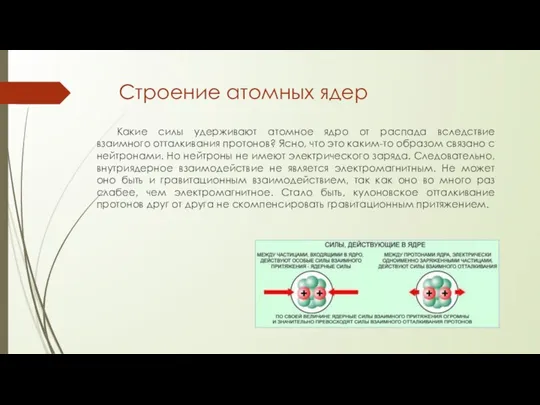 Строение атомных ядер Какие силы удерживают атомное ядро от распада вследствие