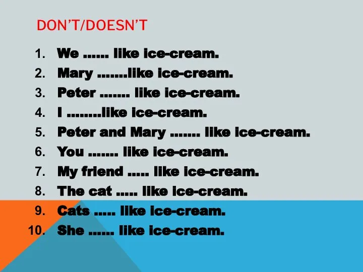 DON’T/DOESN’T We …… like ice-cream. Mary …….like ice-cream. Peter ……. like