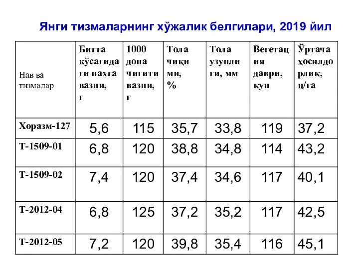 Янги тизмаларнинг хўжалик белгилари, 2019 йил