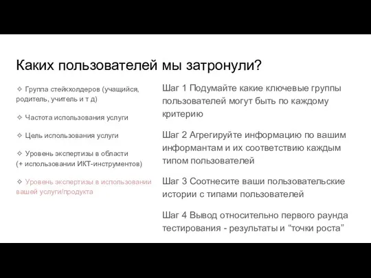 ✧ Группа стейкхолдеров (учащийся, родитель, учитель и т д) ✧ Частота