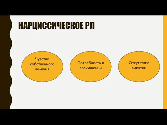 НАРЦИССИЧЕСКОЕ РЛ Чувство собственного величия Потребность в восхищении Отсутствие эмпатии