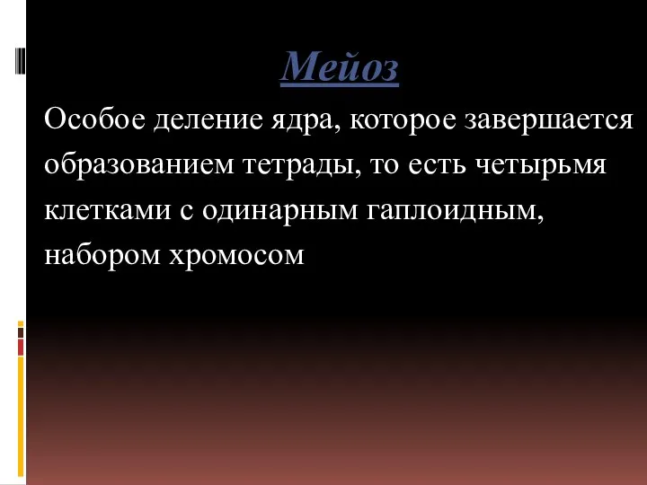 Мейоз Особое деление ядра, которое завершается образованием тетрады, то есть четырьмя