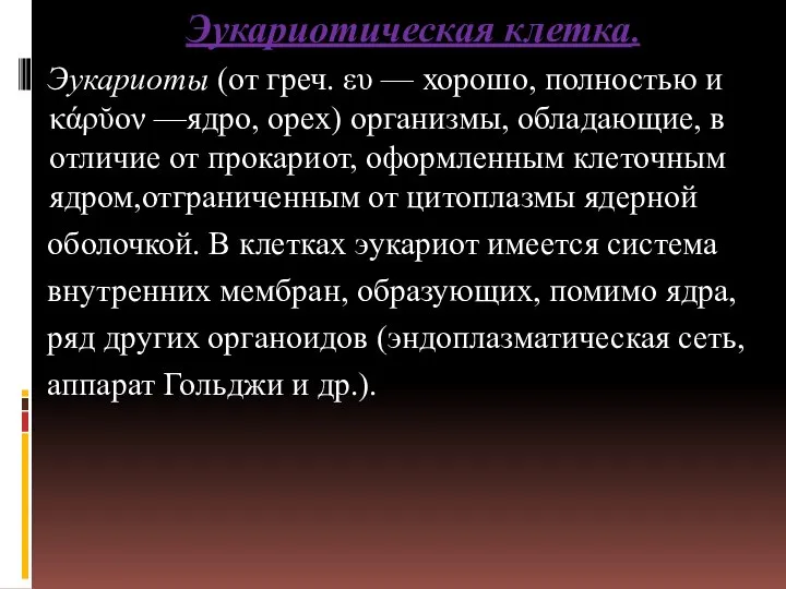 Эукариотическая клетка. Эукариоты (от греч. ευ — хорошо, полностью и κάρῠον