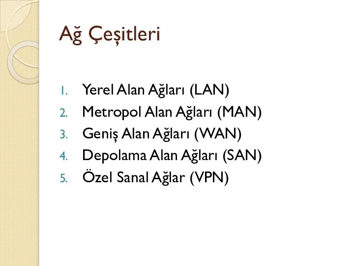 Ağ Çeşitleri Yerel Alan Ağları (LAN) Metropol Alan Ağları (MAN) Geniş