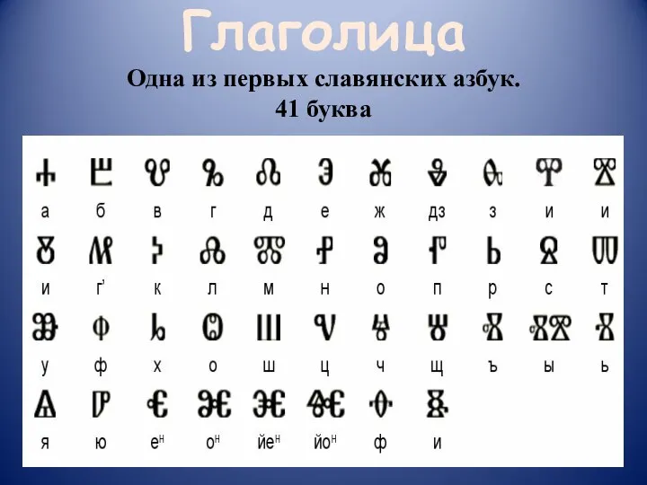 Глаголица Одна из первых славянских азбук. 41 буква