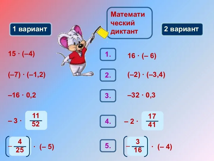 Математический диктант 1 вариант 2 вариант 1. 15 · (–4) 16