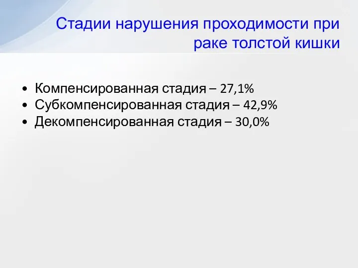 Компенсированная стадия – 27,1% Субкомпенсированная стадия – 42,9% Декомпенсированная стадия –