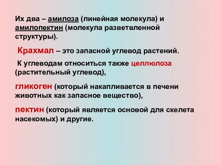 Их два – амилоза (линейная молекула) и амилопектин (молекула разветвленной структуры).