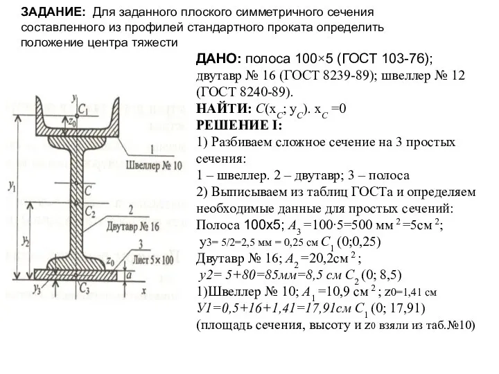 ДАНО: полоса 100×5 (ГОСТ 103-76); двутавр № 16 (ГОСТ 8239-89); швеллер