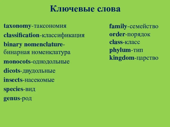 Ключевые слова taxonomy-таксономия classification-классификация binary nomenclature-бинарная номенклатура monocots-однодольные dicots-двудольные insects-насекомые species-вид