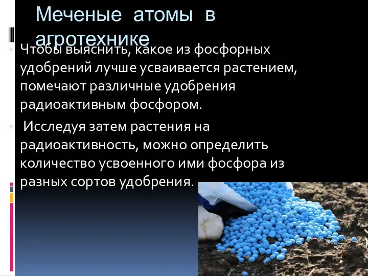 Меченые атомы в агротехнике Чтобы выяснить, какое из фосфорных удобрений лучше